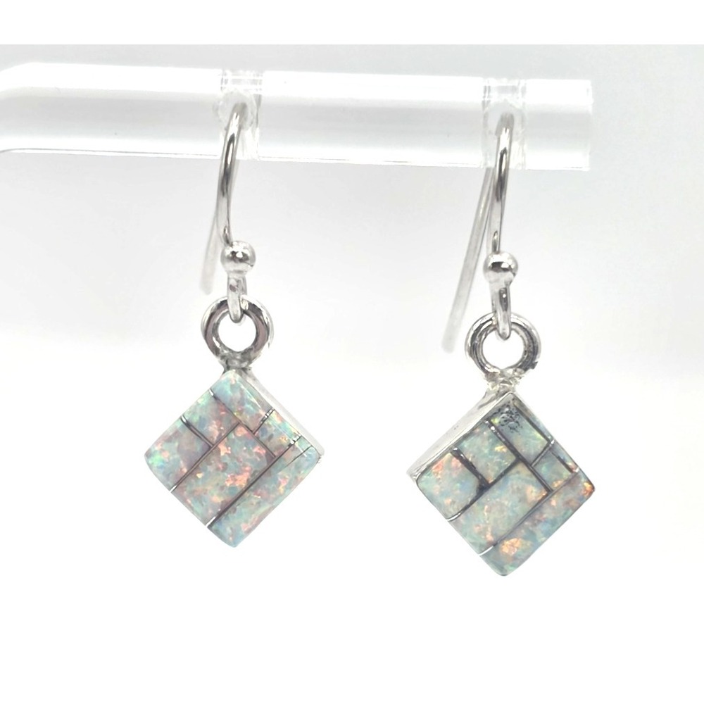 Fire Opal Earrings Dangles Sterling Silver Inlays Handmade Squares Signed SM NEW